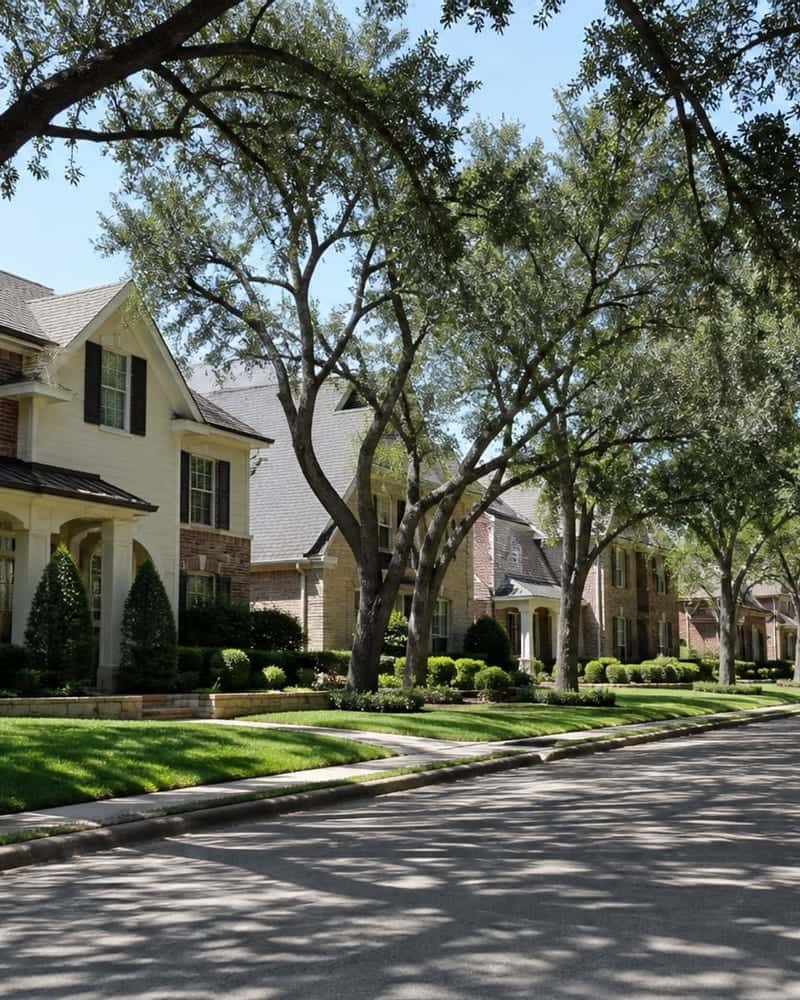 Tree-lined residential street with shaded sidewalks