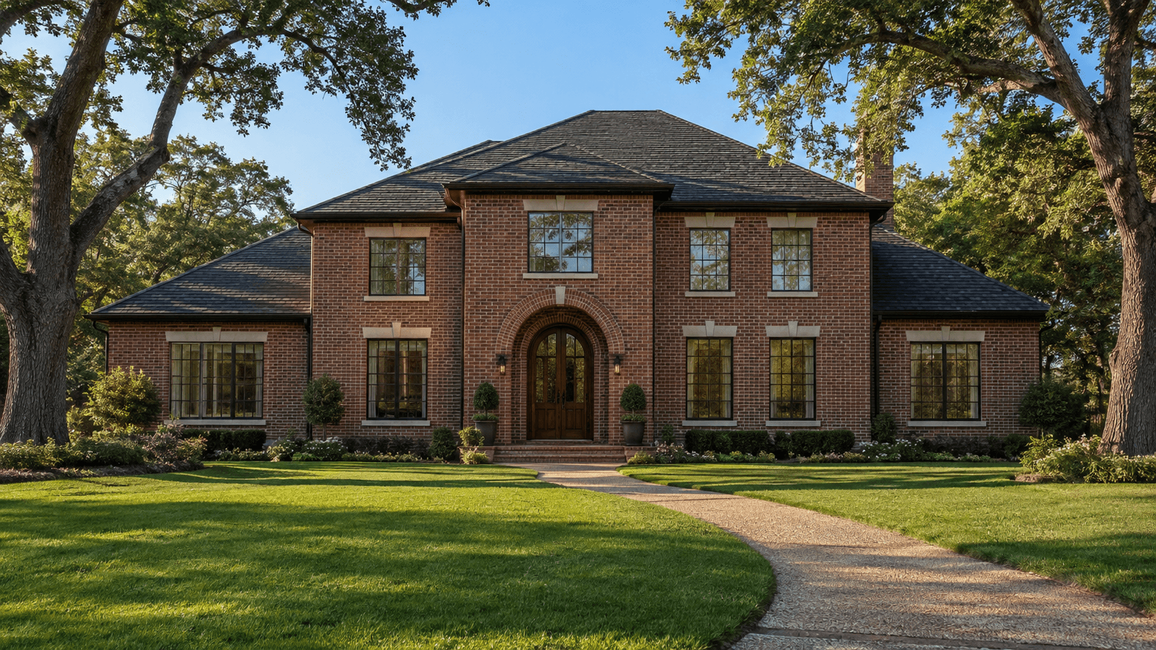 Architectural illustration of a Bent Tree North-inspired traditional brick home beneath mature oak trees