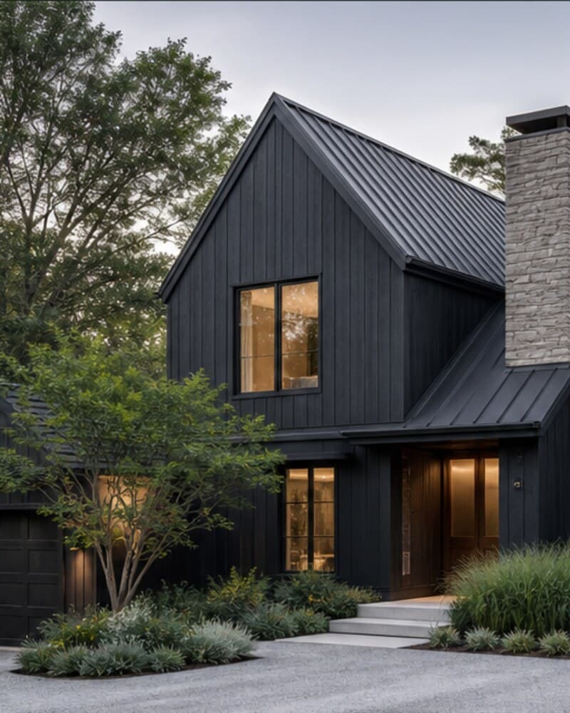 Dark modern home surrounded by mature landscaping