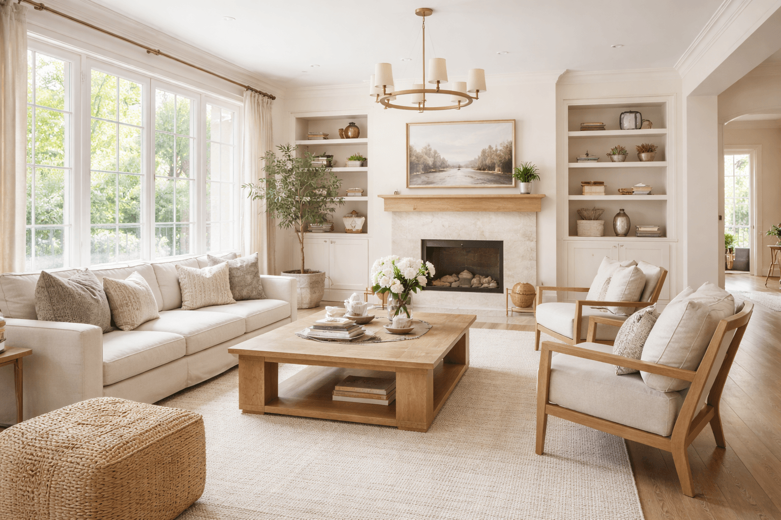 Light-filled living room with a fireplace and tall windows