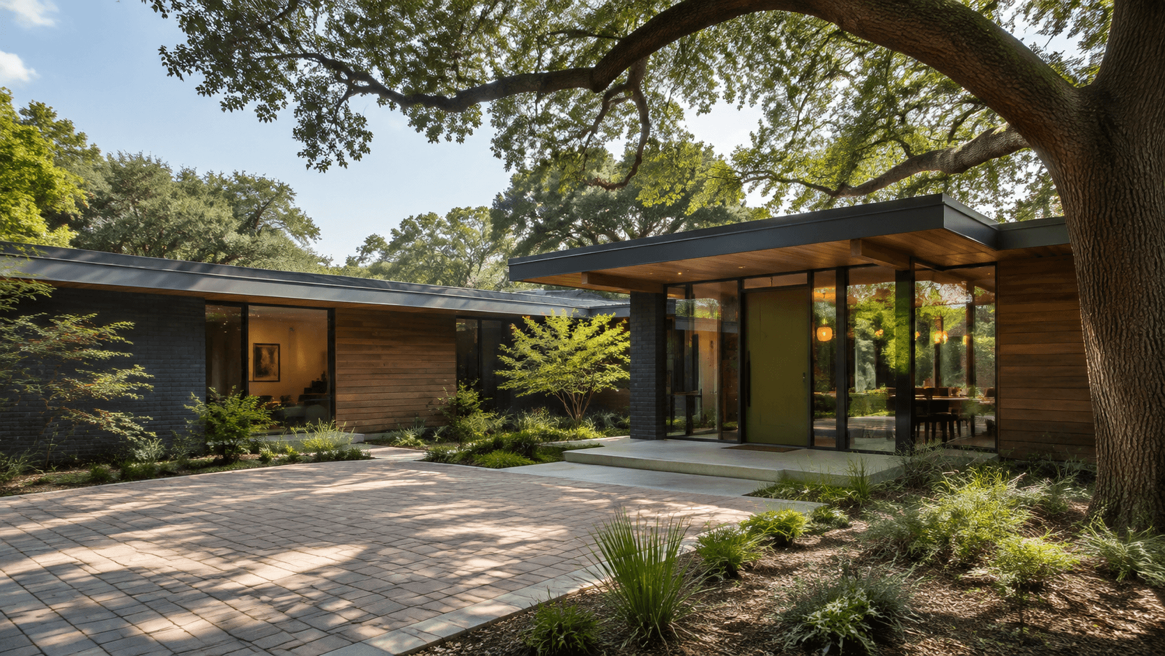 Architectural illustration of a single-story cedar and glass home around a shaded courtyard
